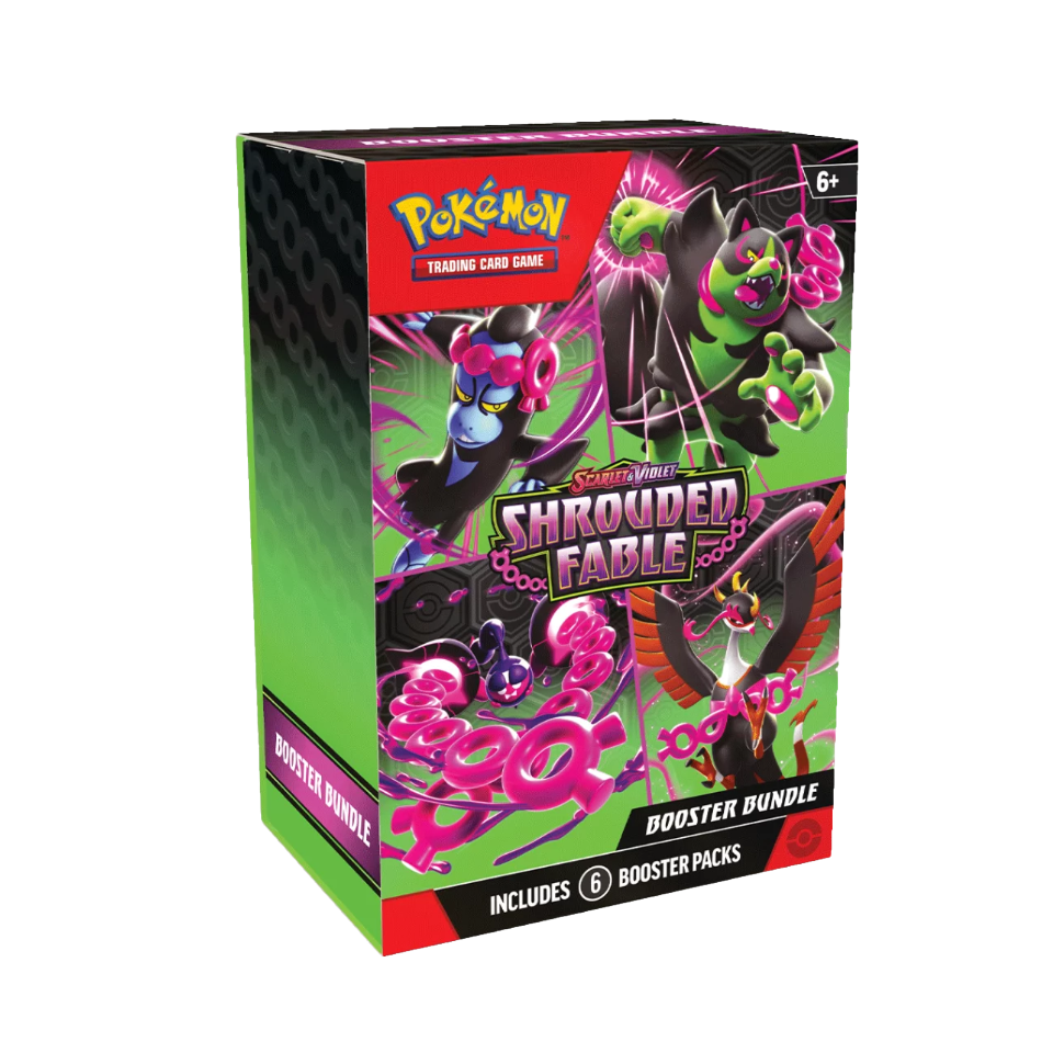 Caixa do jogo de cartas Pokémon Shrouded Fable Booster Bundle com personagens coloridos