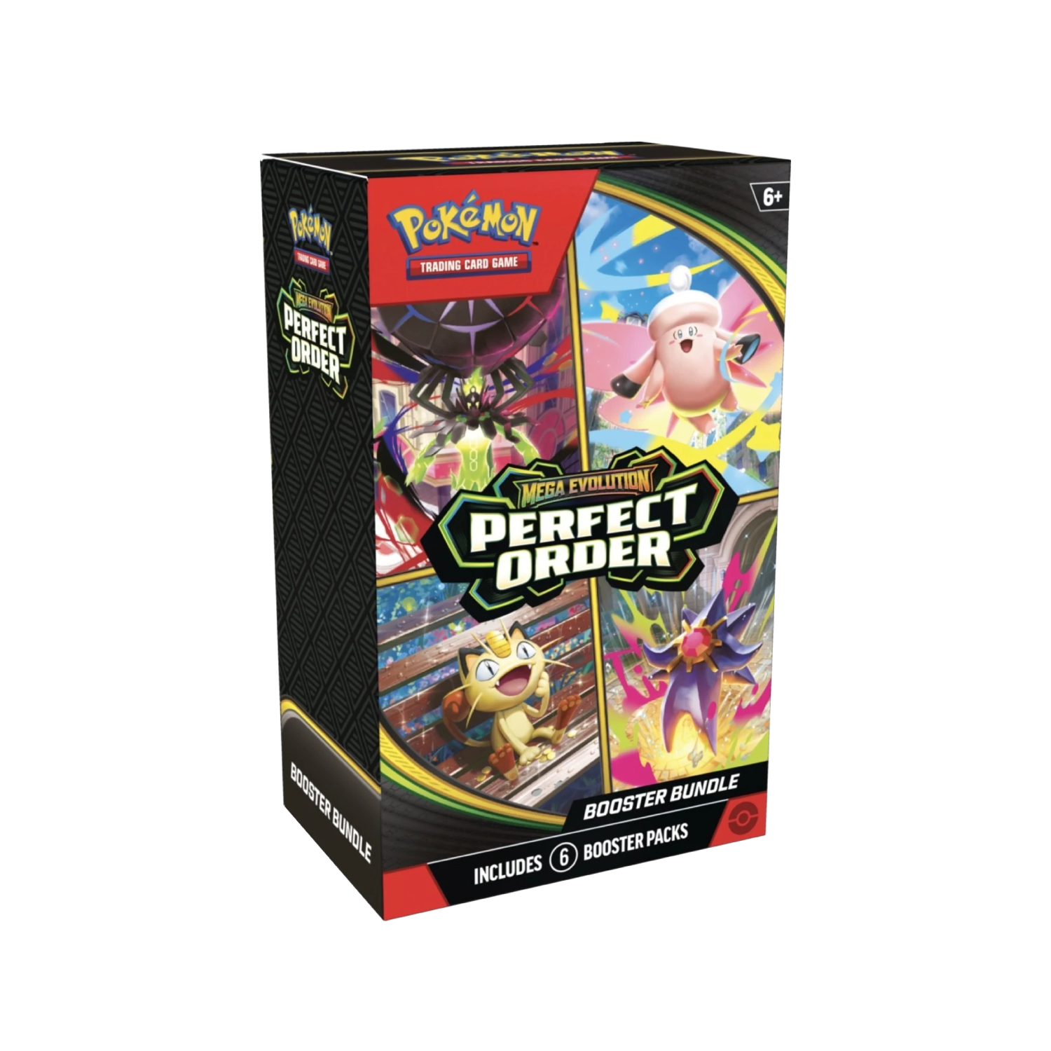 Caixa de booster bundle do jogo Pokémon Mega Evolution Perfect Order com várias personagens e texto promocional