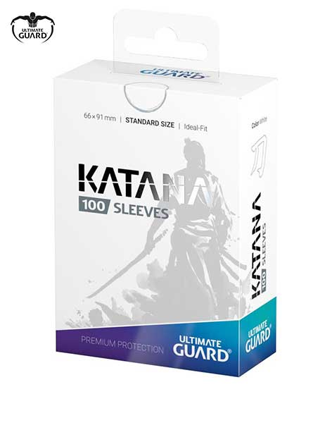 Caixa de protetores de cartas Katana 100 da Ultimate Guard com imagem de guerreiro e texto em azul e preto