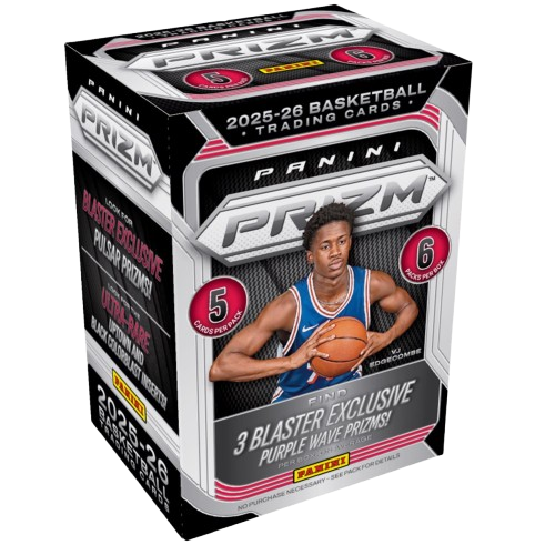 Caixa de cartas Panini Prizm 2025-26 com jogador de basquetebol e texto promocional