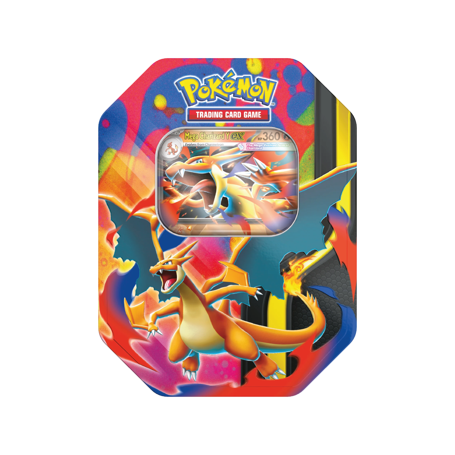 Estojo metálico colorido com ilustração do Pokémon Charizard e carta holográfica do jogo Pokémon Trading Card Game