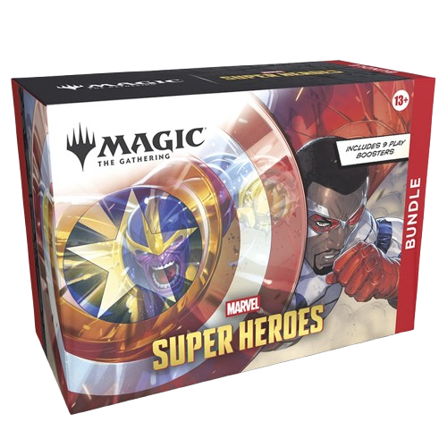 Caixa do jogo Magic The Gathering Marvel Super Heroes com cores vibrantes e texto visível