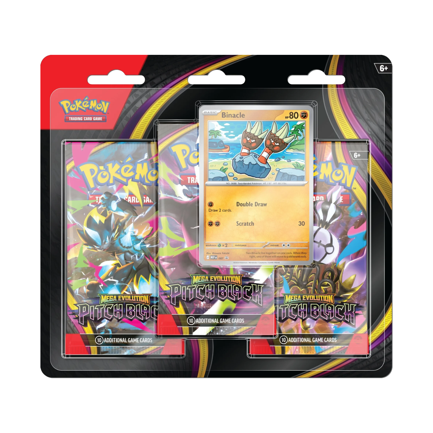 Pack de cartas Pokémon Mega Evolution Pitchblack com carta Binacle exposta na embalagem