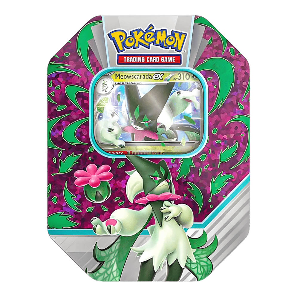 Embalagem metálica hexagonal do Pokémon Trading Card Game com personagem Meowscarada e cartão visível