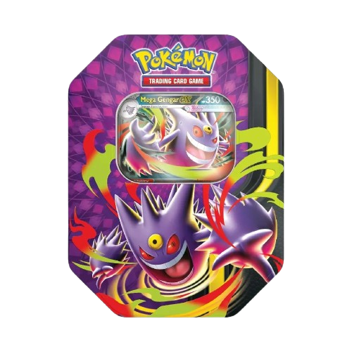 Lata Pokémon Trading Card Game com Mega Gengar e cartão exposição