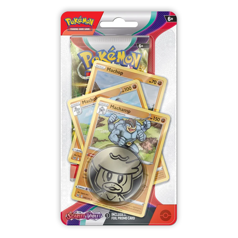 Pack de cartas Pokémon com três cartas e pin metálico