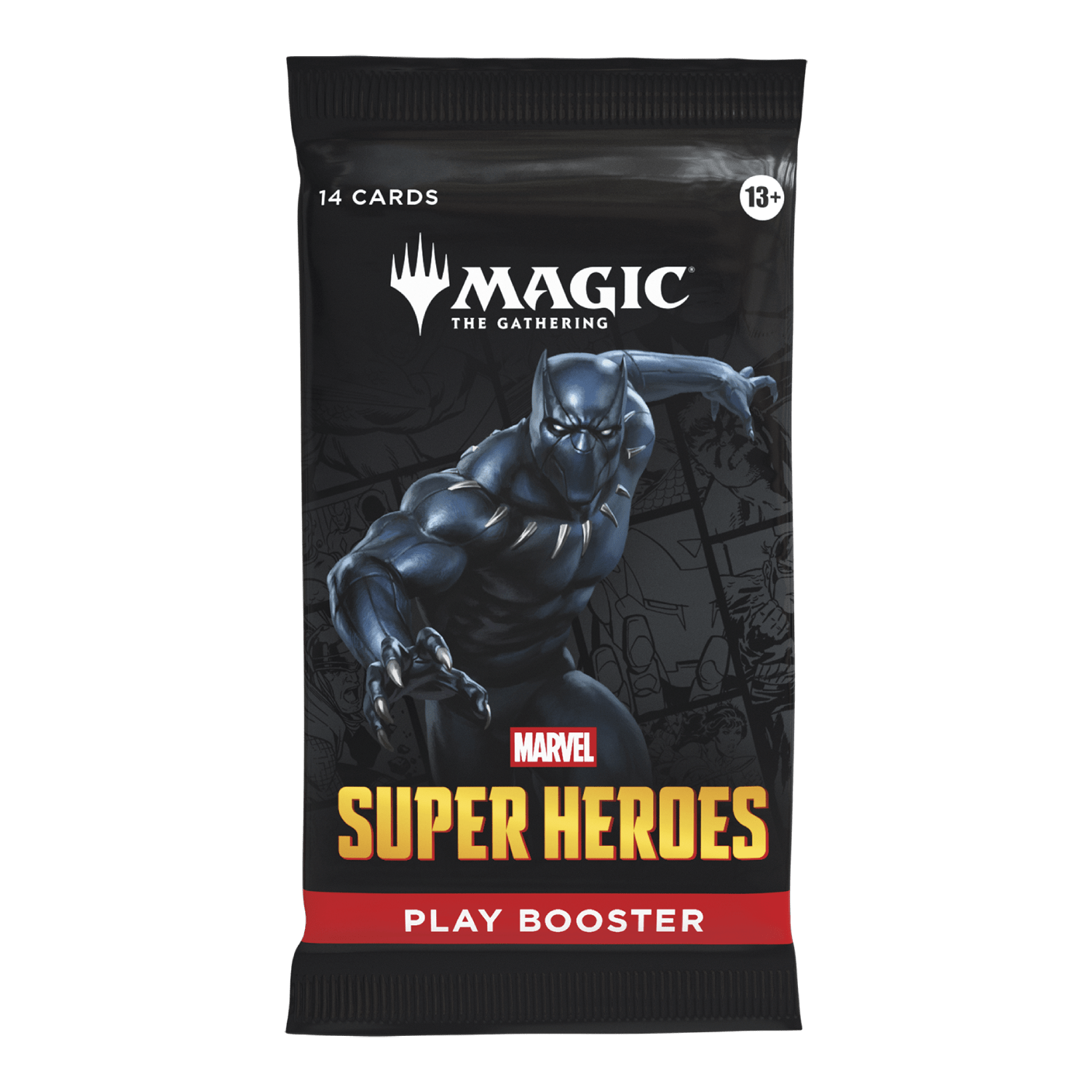 Pack de cartas Magic The Gathering Marvel Super Heroes com imagem do Pantera Negra e texto PLAY BOOSTER