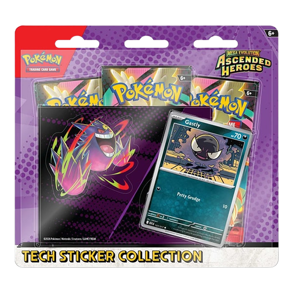 Pack de coleção Pokémon Tech Sticker Collection com cartas e autocolantes e carta Gastly destacada