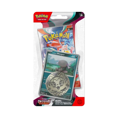 Pacote de cartas Pokémon com carta Wooper e moeda metálica