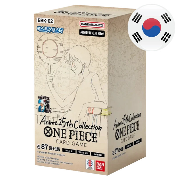 Caixa do jogo de cartas Anime 25th Collection ONE PIECE com ilustração do personagem e texto em inglês e coreano