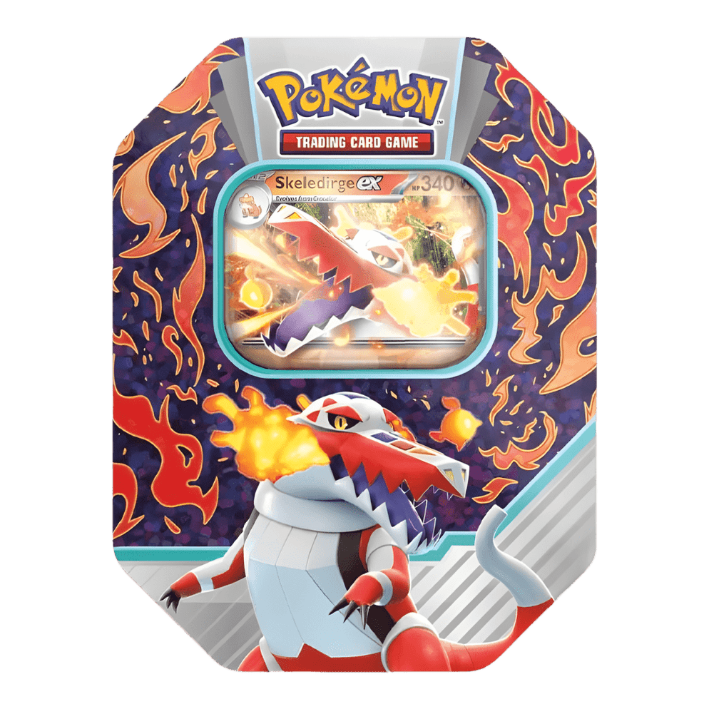 Embalagem Pokémon Trading Card Game com Pokémon Skeledirge ex e chamas laranja e roxo