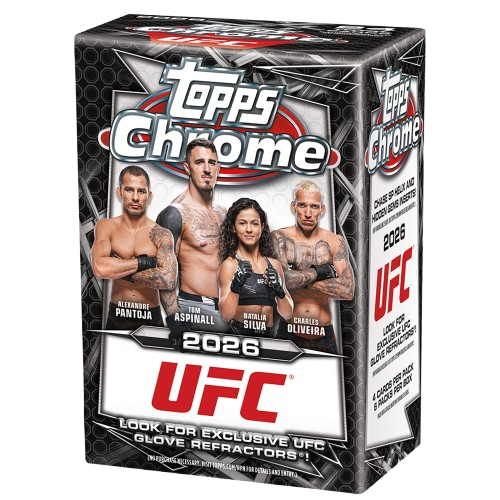 Caixa de cartas Topps Chrome 2026 UFC com quatro lutadores na frente