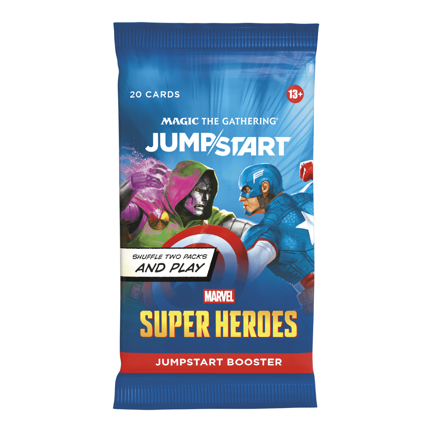 Pacote de booster azul de Magic The Gathering Jumpstart Marvel Super Heroes com personagem Capitão América
