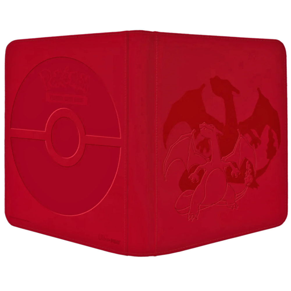 Carteira vermelha com relevo da Pokébola e do Pokémon Charizard