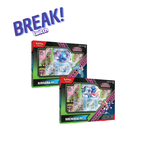 Dois packs de cartas Pokémon Kingdra Gx e Greninja Gx com texto BREAK! twitch no canto superior esquerdo