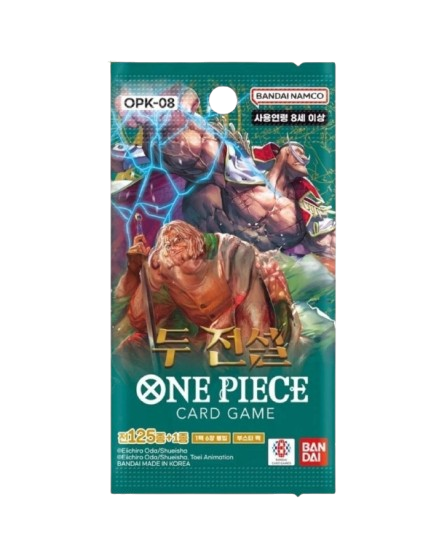 Pacote de cartas ONE PIECE CARD GAME com personagens ilustrados em fundo verde