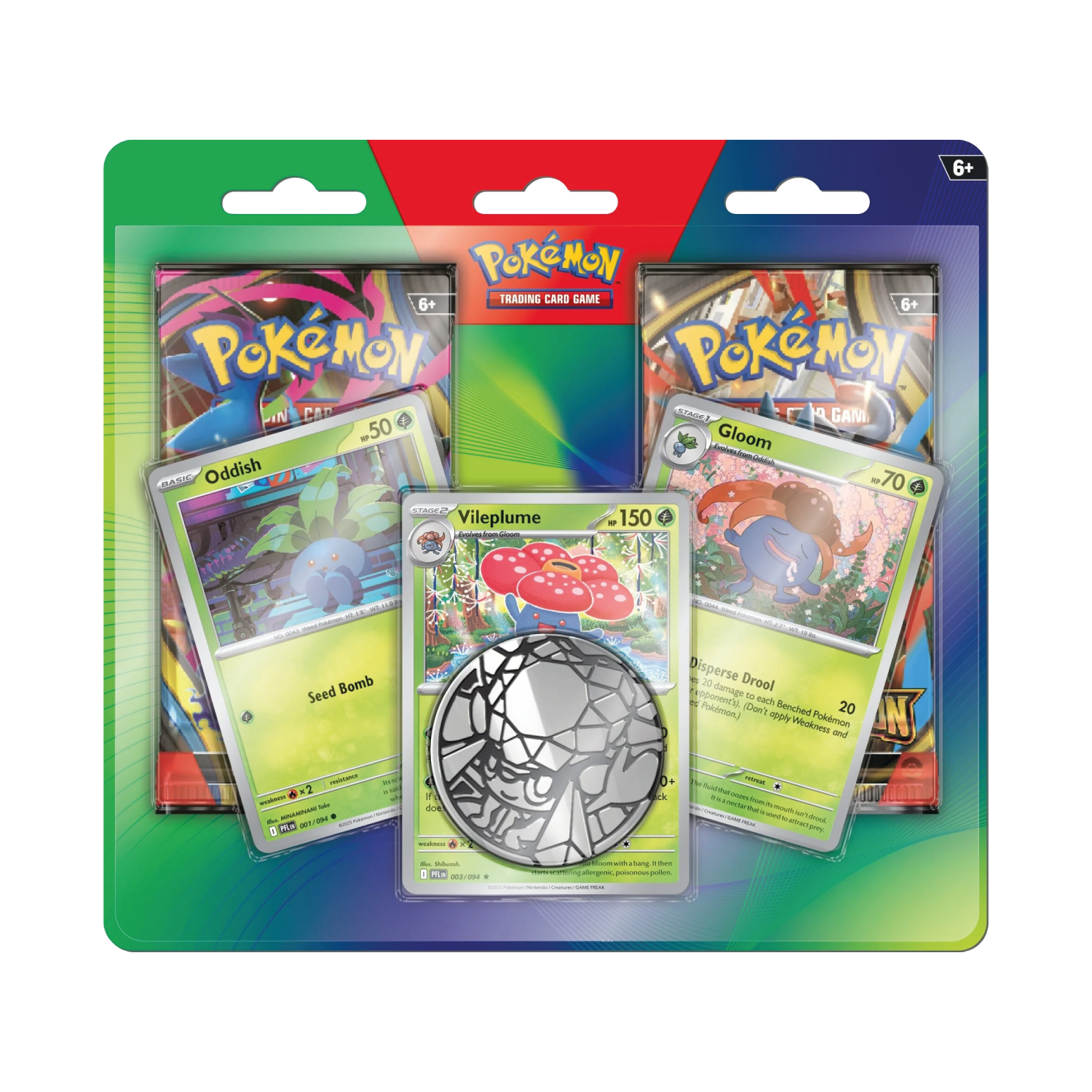 Cartas de Pokémon em embalagem colorida com moedas temáticas