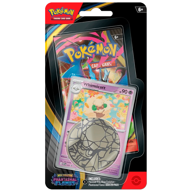 Pack de cartas Pokémon com cartão Whimsicott e ficha metálica prateada