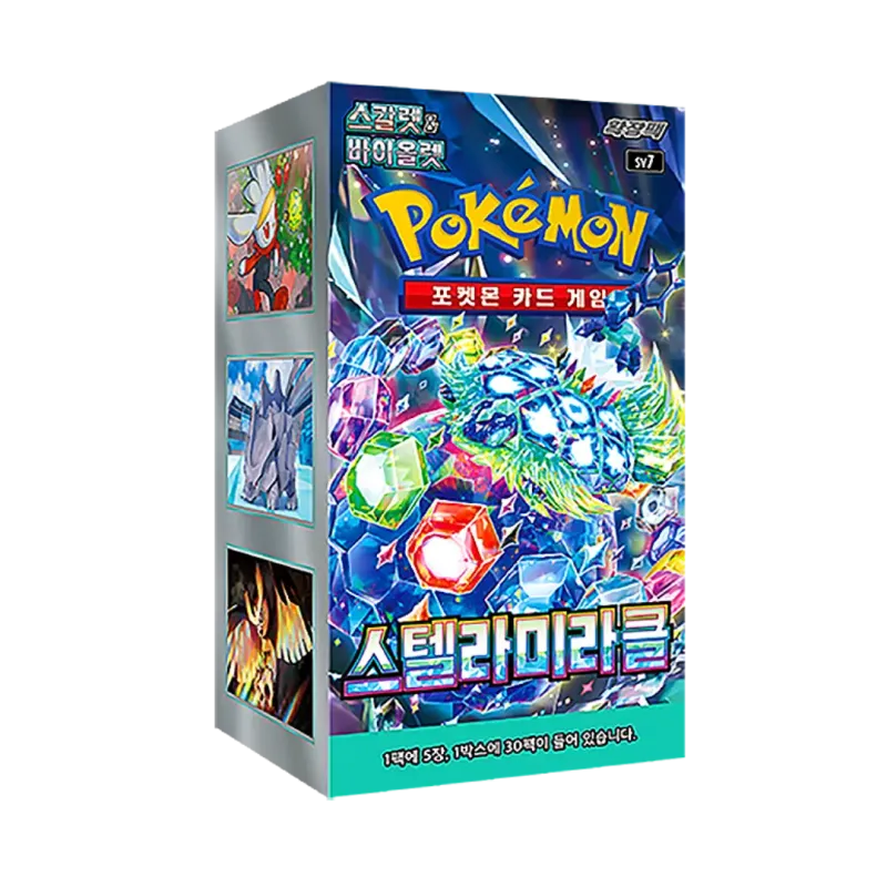 Embalagem de cartas Pokémon com design colorido e texto em coreano