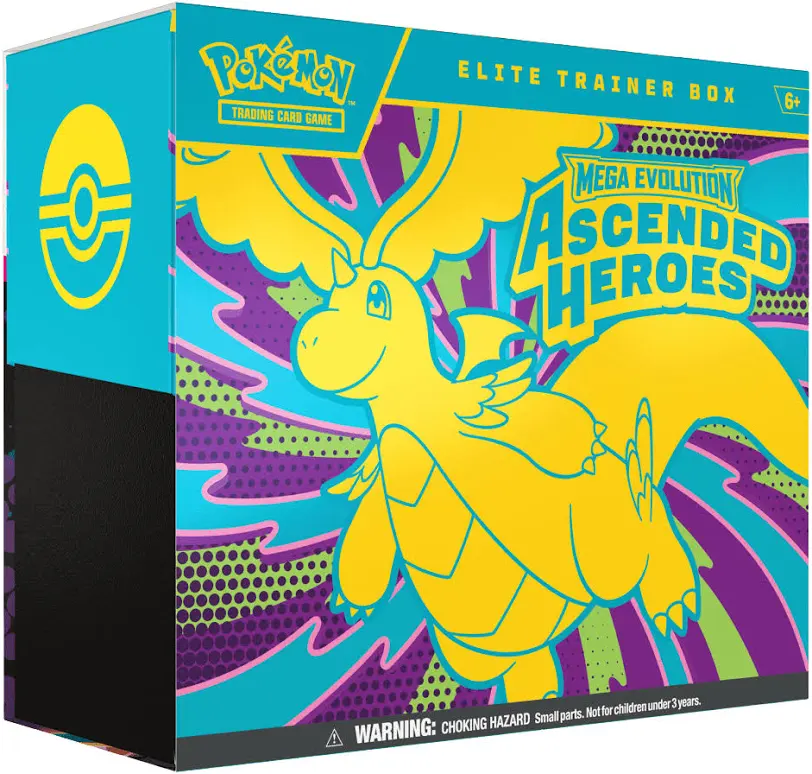 Caixa Elite Trainer Box Pokémon Mega Evolution Ascended Heroes colorida com personagem amarela