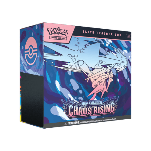 Caixa do jogo de cartas Pokémon Elite Trainer Box Mega Evolution Chaos Rising com ilustração e texto em inglês