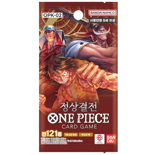 Pacote de cartas One Piece Card Game com personagens de anime e texto em coreano e inglês.