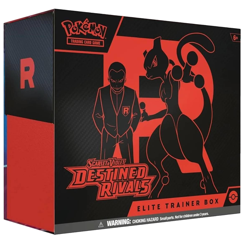 Caixa preta e vermelha Pokémon Elite Trainer Box com ilustração de personagem e Mewtwo