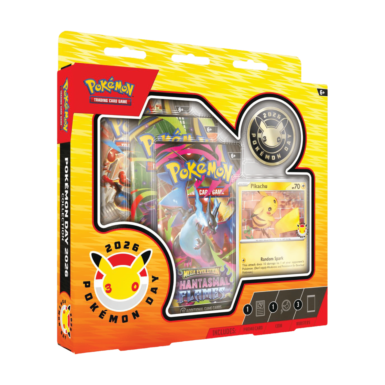 Pack Pokémon Trading Card Game com cartas, moeda comemorativa 2026, carta Pikachu, embalagem amarela e vermelha.