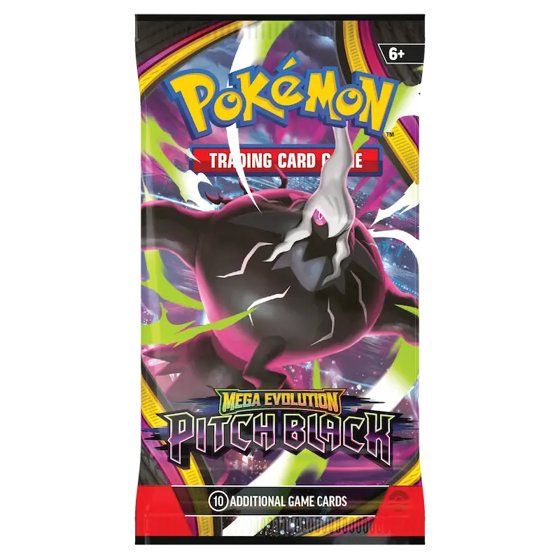 Pacote de cartas Pokémon Mega Evolution Pitch Black com personagem preto e signos coloridos