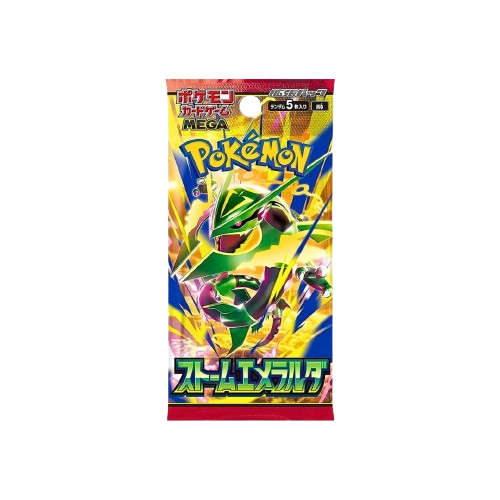 Pacote de cartas Pokémon MEGA com Rayquaza verde e amarelo