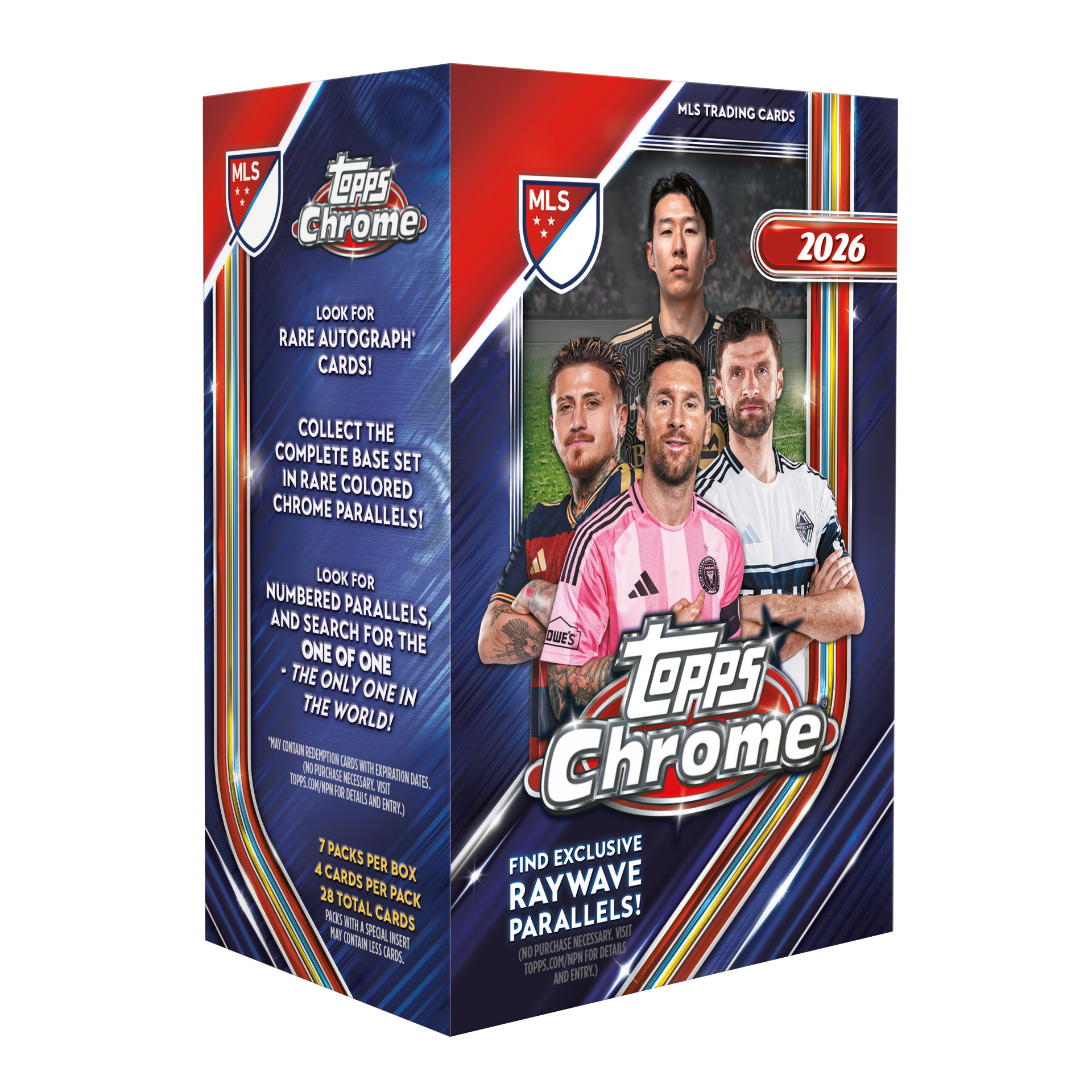 Caixa de cartas colecionáveis Topps Chrome MLS 2026 com jogadores de futebol e texto promocional.