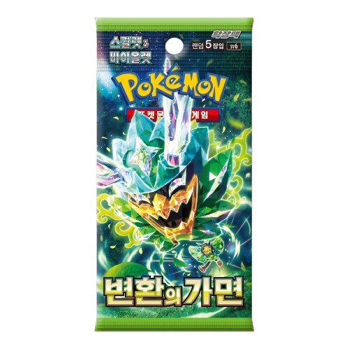 Pacote de cartas Pokémon com ilustração de criatura facetada e texto em coreano