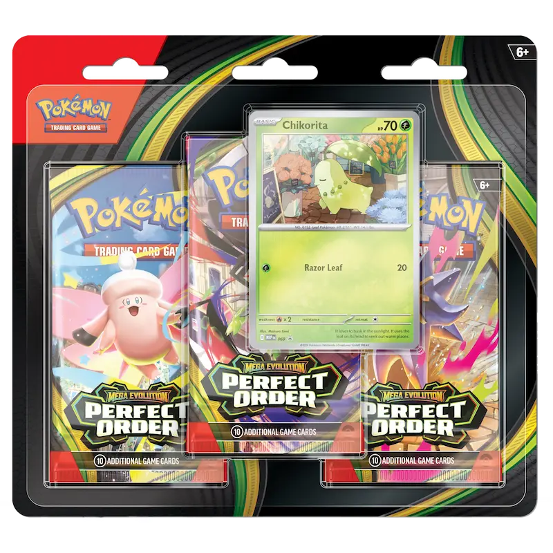 Pack de cartas Pokémon Mega Evolution Perfect Order com carta especial Chikorita