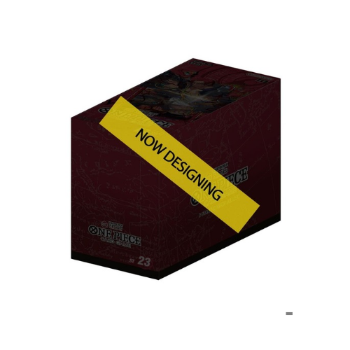 Caixa bordô de produto com texto NOW DESIGNING e ONE PIECE número 23