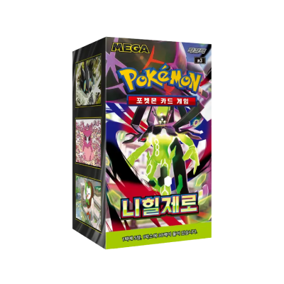 Caixa de cartas de jogo Pokémon MEGA com arte colorida e texto em coreano