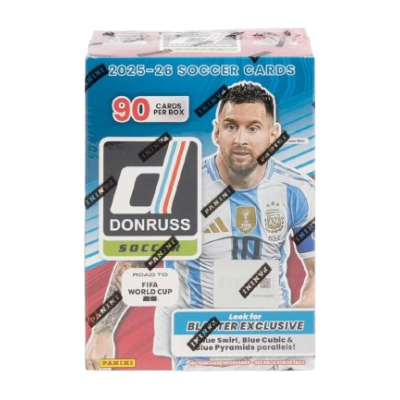 Caixa de cartões Donruss 2025-26 com 90 cartas e imagem de jogador de futebol