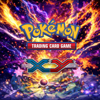 Logotipo Pokémon Trading Card Game XY com fundo de fogo e relâmpagos