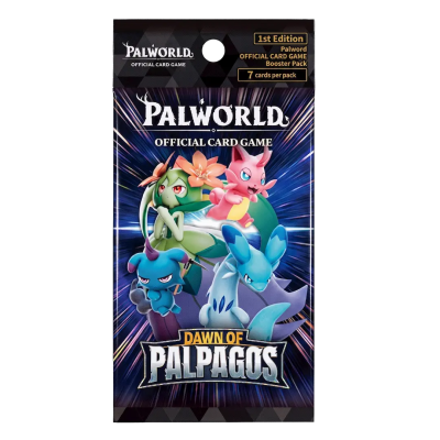 Pacote de booster do jogo de cartas Palworld com 7 cartas, edição 1st Edition, com ilustrações de criaturas fantásticas coloridas.