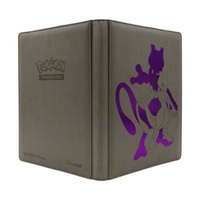 Capa protectora cinza com estampa roxa da personagem Mewtwo e logo Pokémon Trading Card Game