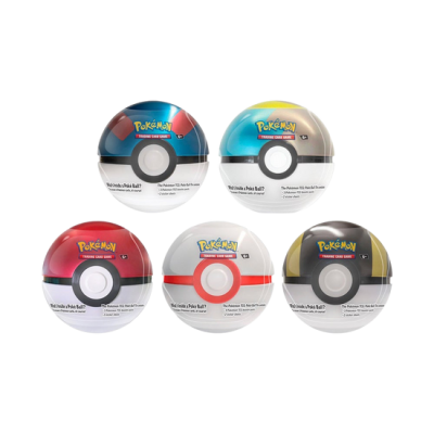 Cinco bolas de Pokémon com designs e cores diferentes para o jogo de cartas