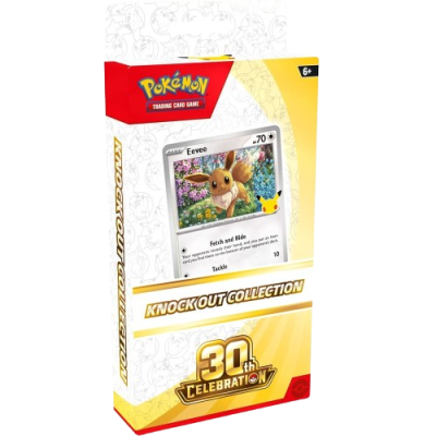 Caixa Pokémon Trading Card Game Knock Out Collection com carta Eevee e design amarelo e vermelho