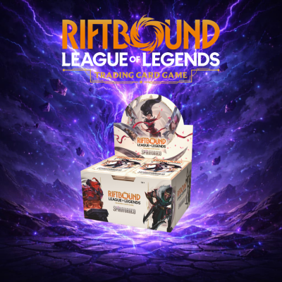 Caixa de cartas RIFTBOUND LEAGUE OF LEGENDS TRADING CARD GAME SPIRITFORGED com design vibrante e fundo roxo energético