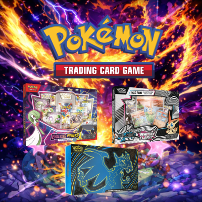 Três caixas de Pokémon Trading Card Game com designs variados e fundo colorido