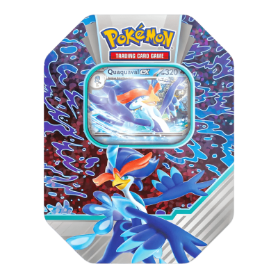 Lata do jogo de cartas Pokémon com imagem do Pokémon Quaquaval