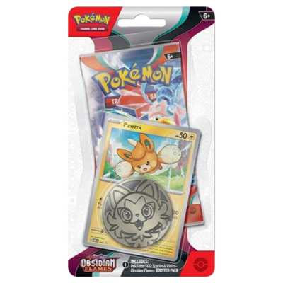 Pacote blister com booster pack de cartas Pokémon, carta Pawni e ficha metálica