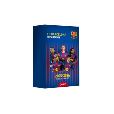 Embalagem FC Barcelona cores azul e grená com jogadores e texto 2025-2026