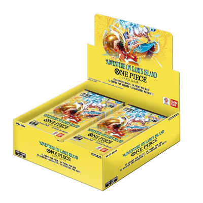 Expositor amarelo com pacotes de cartas One Piece Adventure on Kamis Island