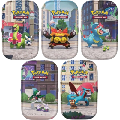 Cinco estojos metálicos com ilustrações de Pokémon e texto Pokémon TRADING CARD GAME.