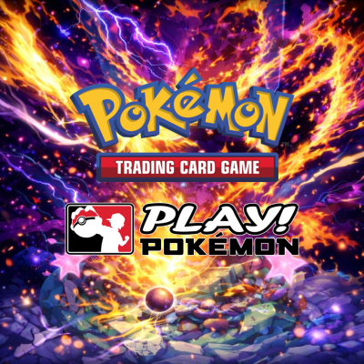 Logo do Pokémon Trading Card Game com o texto Play! Pokémon em fundo de explosão colorida