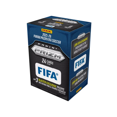 Caixa azul e preta de cartas colecionáveis Panini Prizm FIFA Soccer 2025-26
